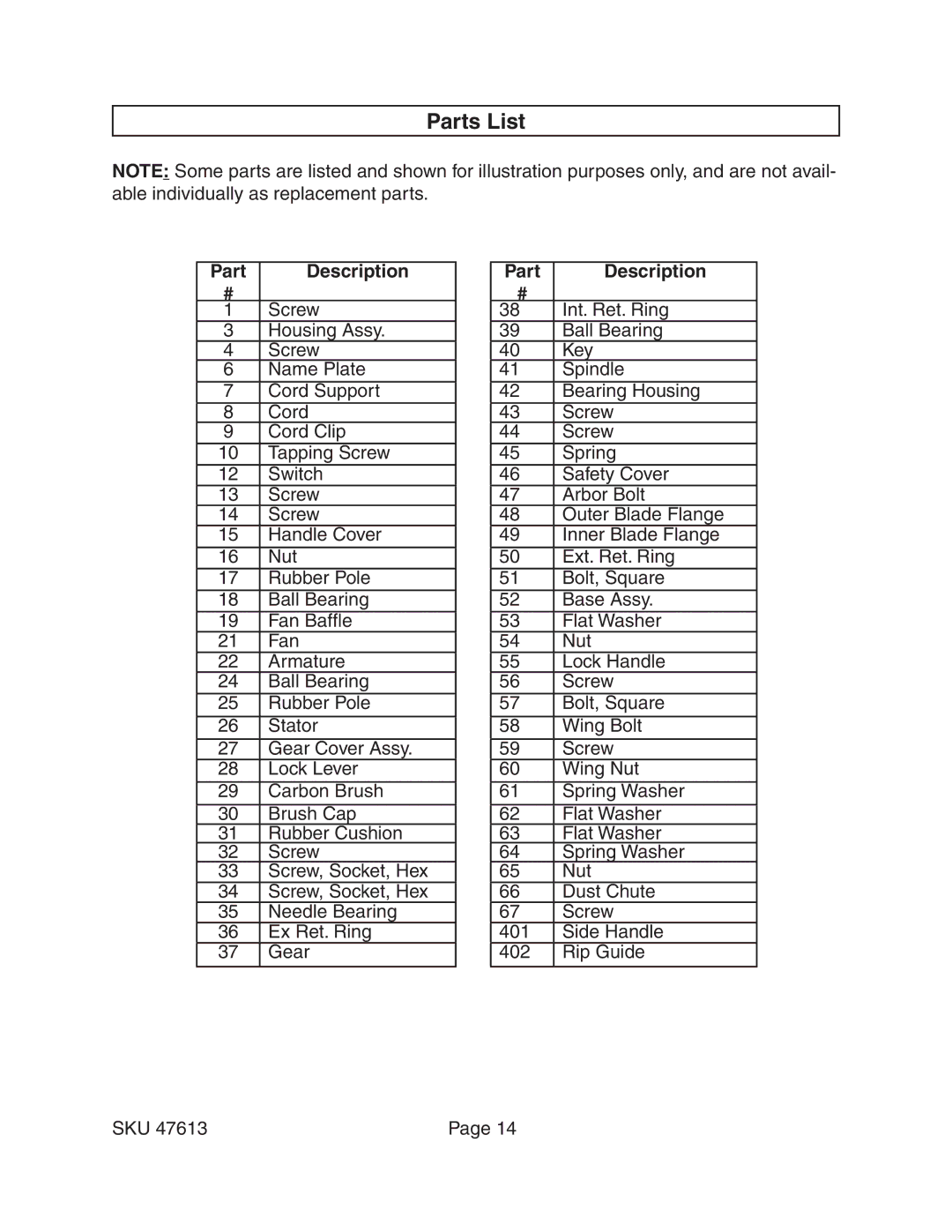 Harbor Freight Tools 47613 operating instructions Part Description Screw, Part Description Int. Ret. Ring 
