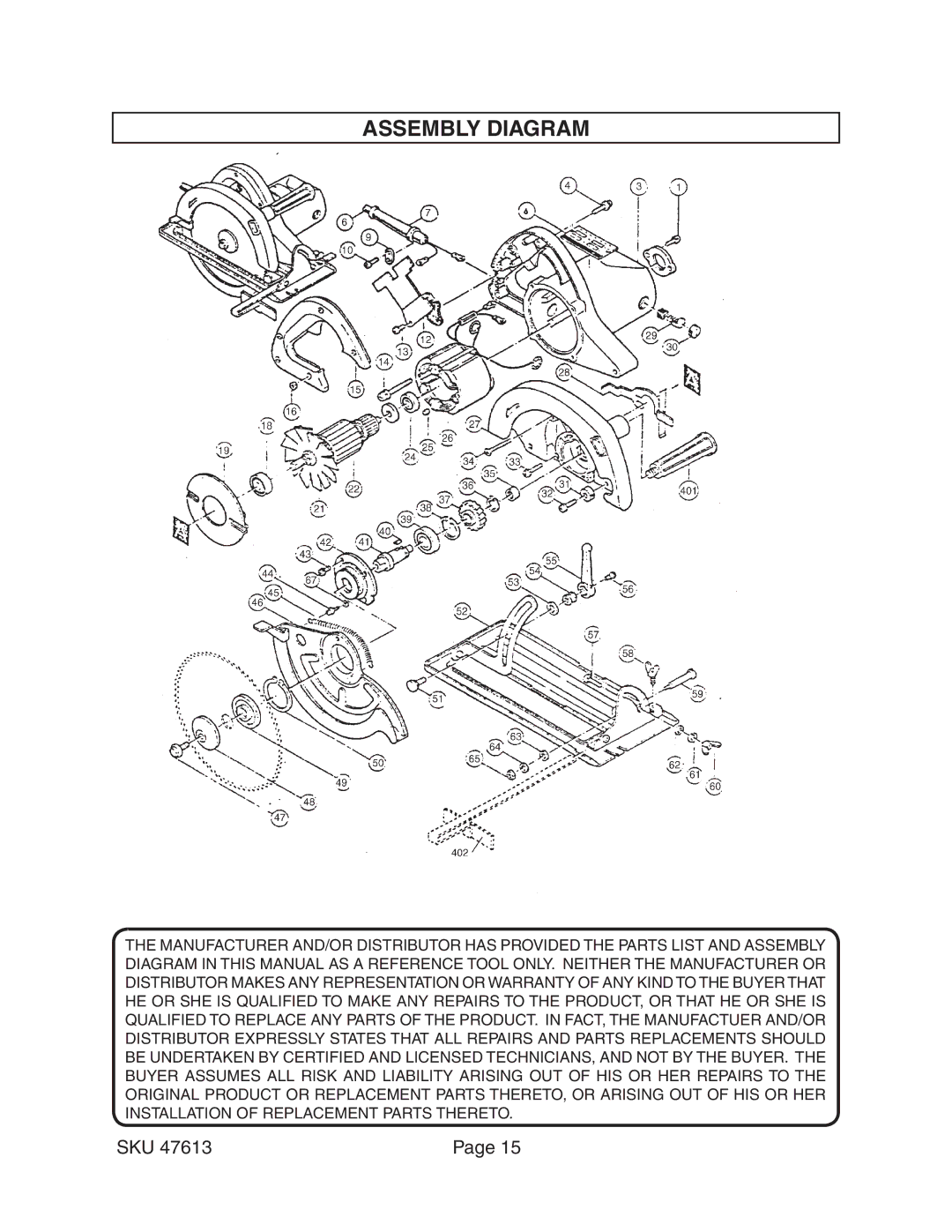 Harbor Freight Tools 47613 operating instructions Assembly Diagram 