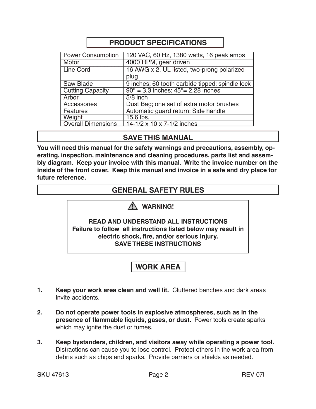 Harbor Freight Tools 47613 operating instructions Product Specifications, Save this Manual, General Safety Rules, Work Area 