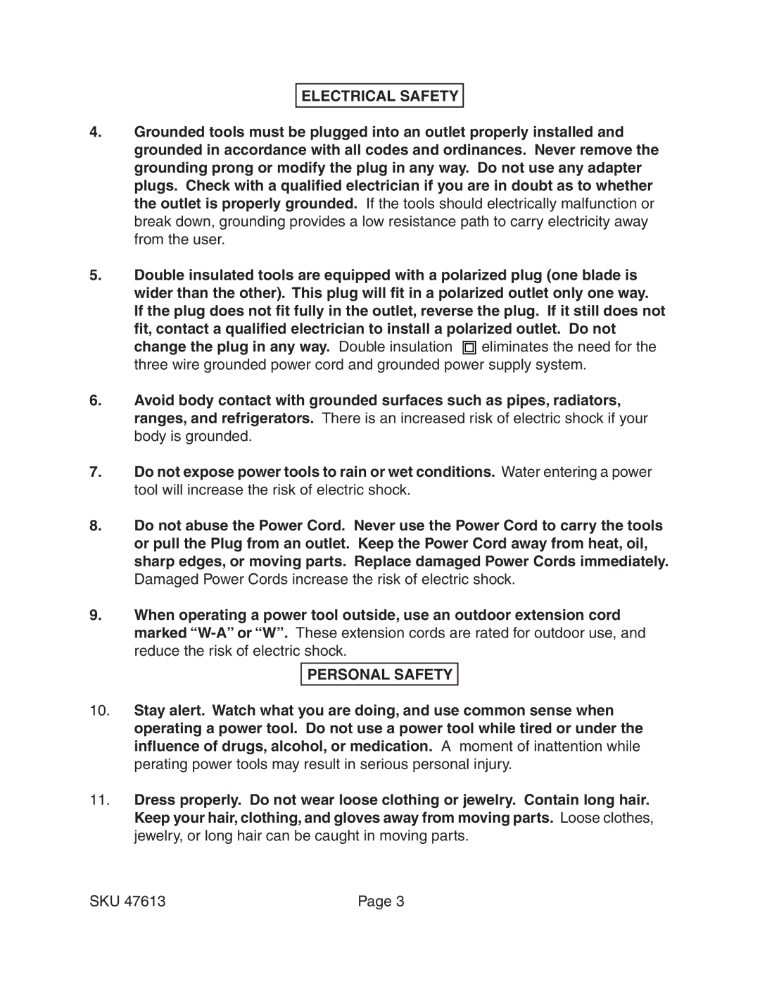 Harbor Freight Tools 47613 operating instructions Electrical Safety, Personal Safety 