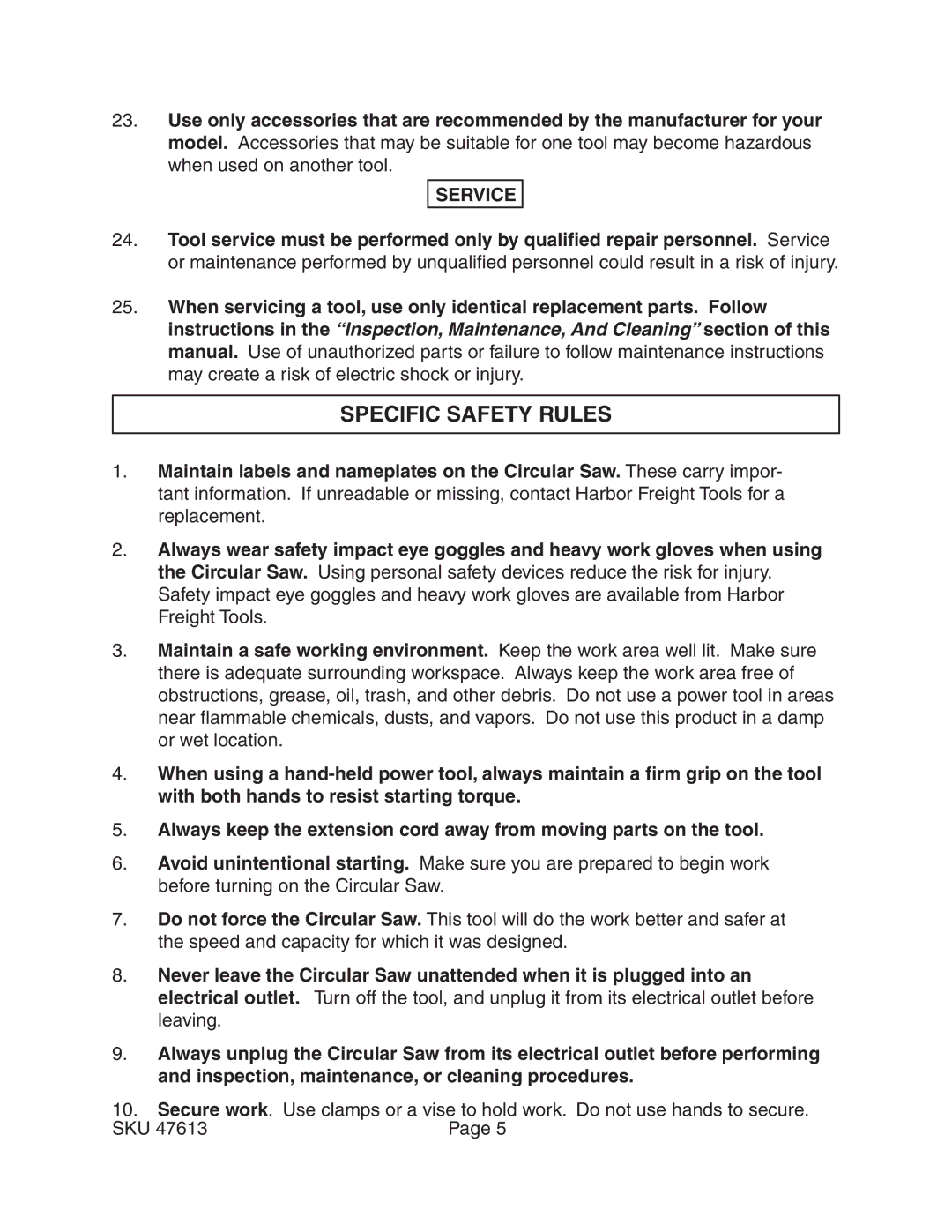 Harbor Freight Tools 47613 operating instructions Specific Safety Rules, Service 