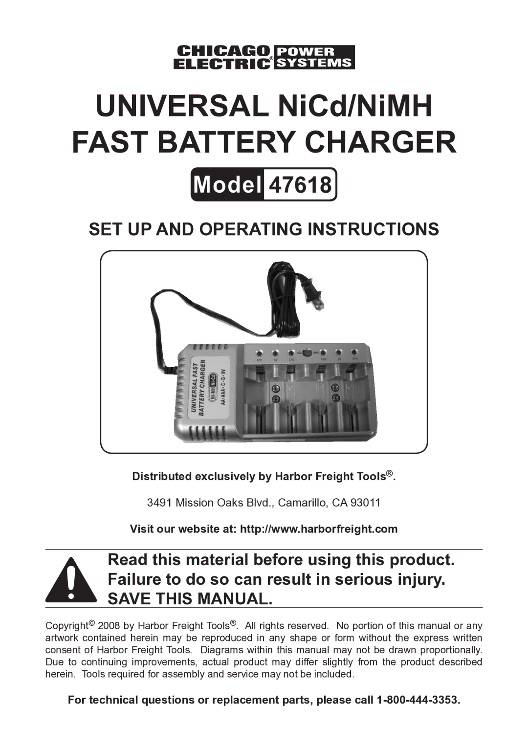 Harbor Freight Tools 47618 operating instructions Universal NiCd/NiMH Fast battery charger 