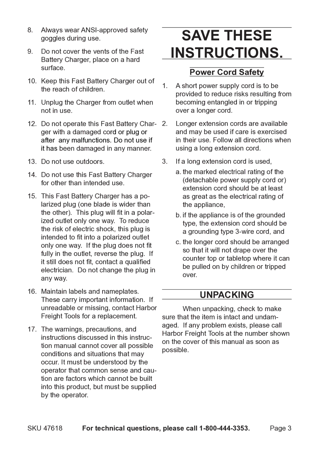 Harbor Freight Tools 47618 operating instructions Save these Instructions, Unpacking 