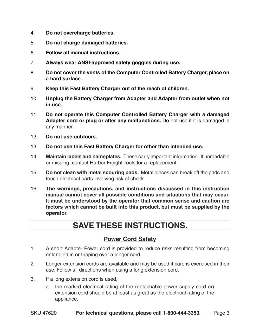 Harbor Freight Tools 47620 operating instructions Power Cord Safety, SKU For technical questions, please call 