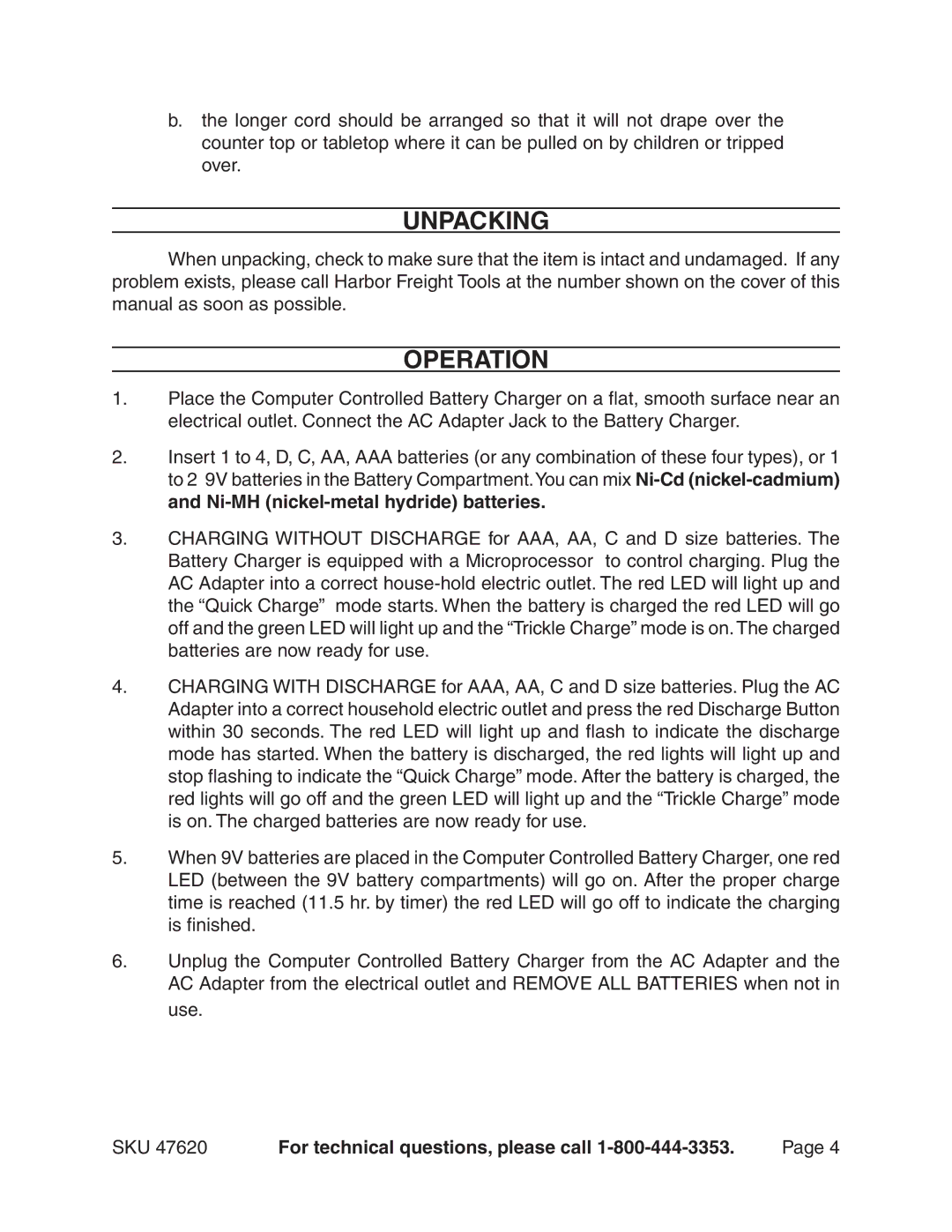 Harbor Freight Tools 47620 operating instructions Unpacking, Operation 