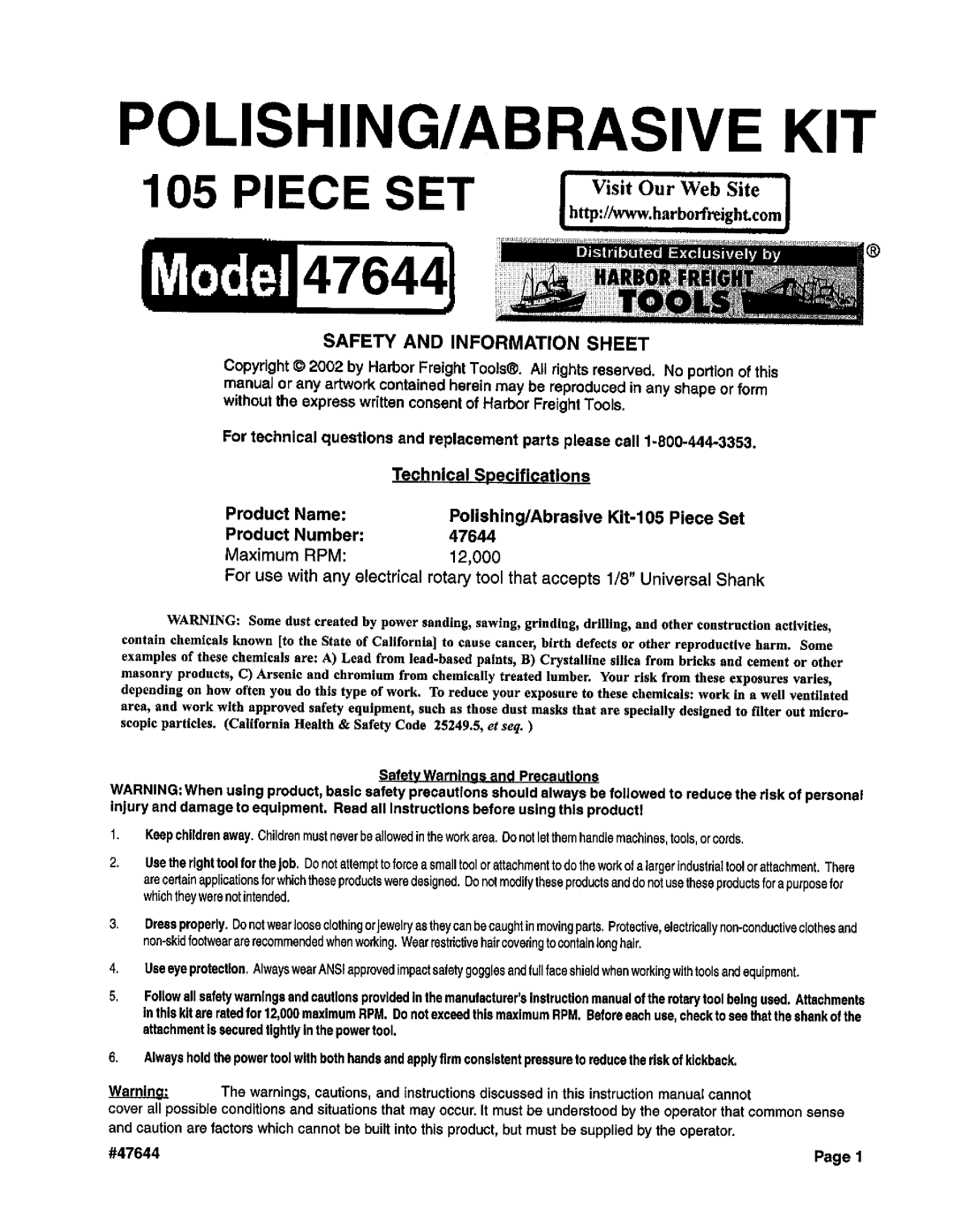 Harbor Freight Tools 47644 manual 