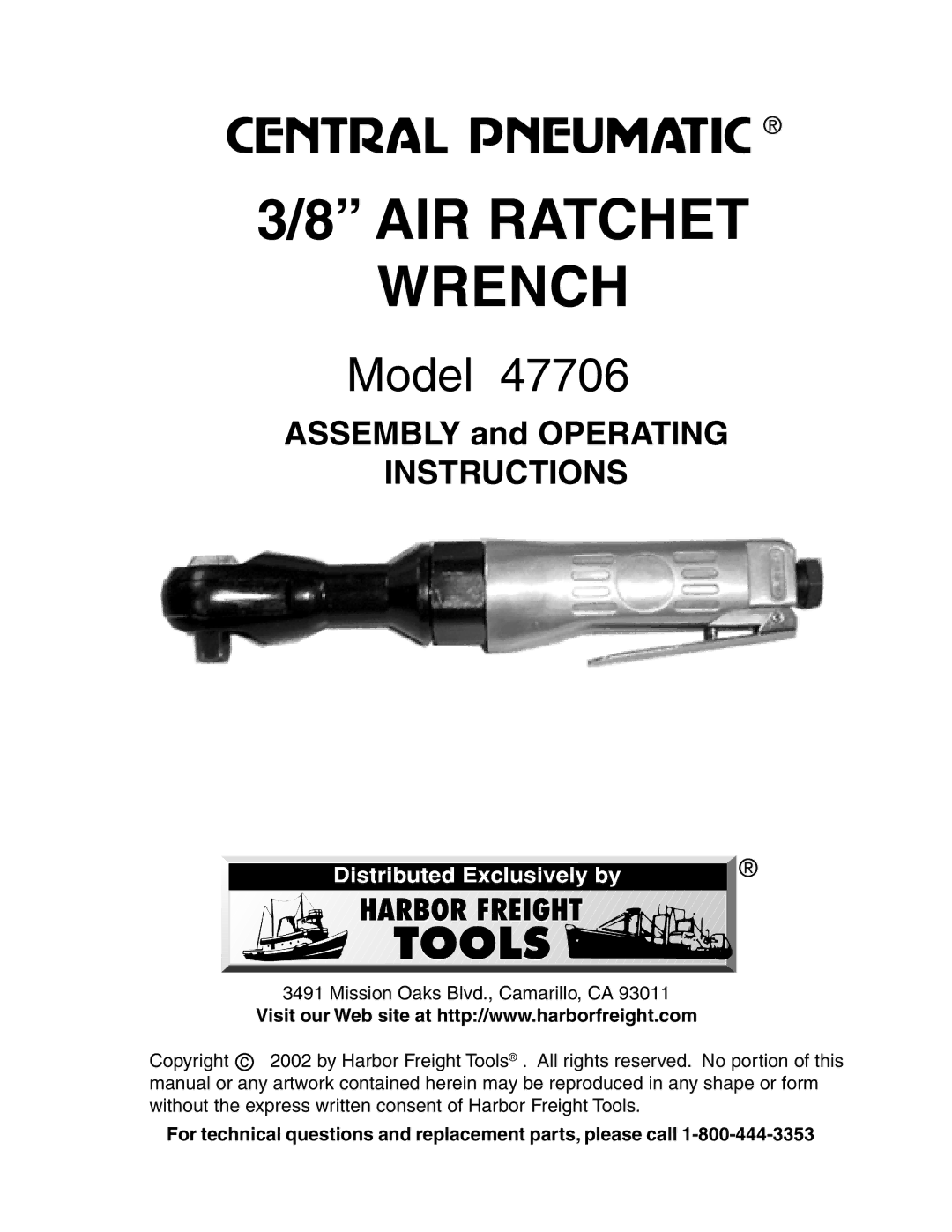 Harbor Freight Tools 47706 operating instructions AIR Ratchet Wrench 