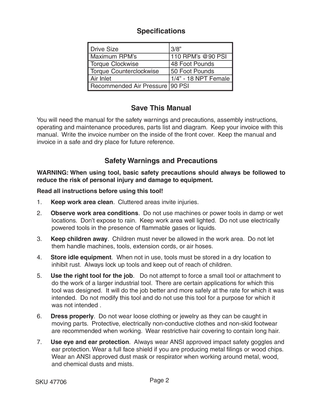 Harbor Freight Tools 47706 operating instructions Specifications, Save This Manual, Safety Warnings and Precautions 