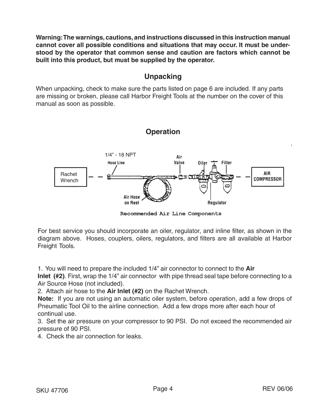 Harbor Freight Tools 47706 operating instructions Unpacking, Operation 