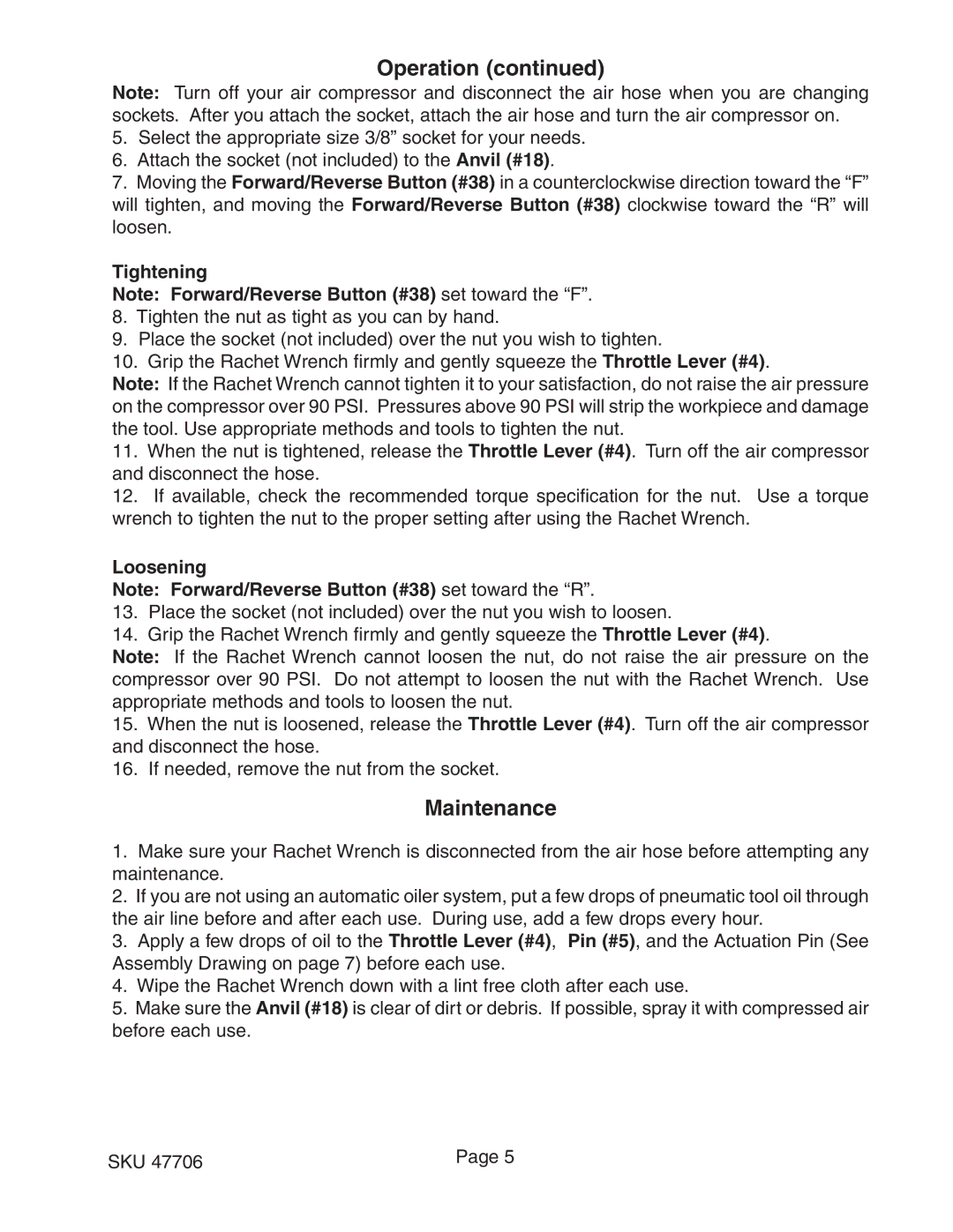 Harbor Freight Tools 47706 operating instructions Maintenance, Tightening, Loosening 