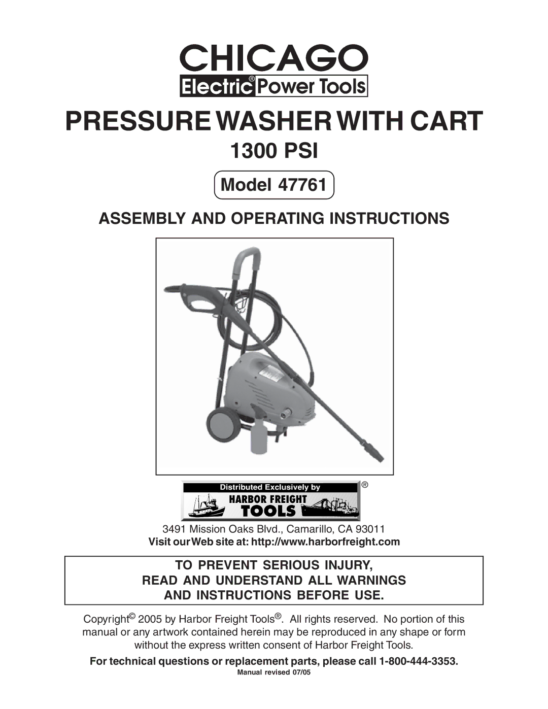 Harbor Freight Tools 47761 manual Pressure Washer with Cart, For technical questions or replacement parts, please call 