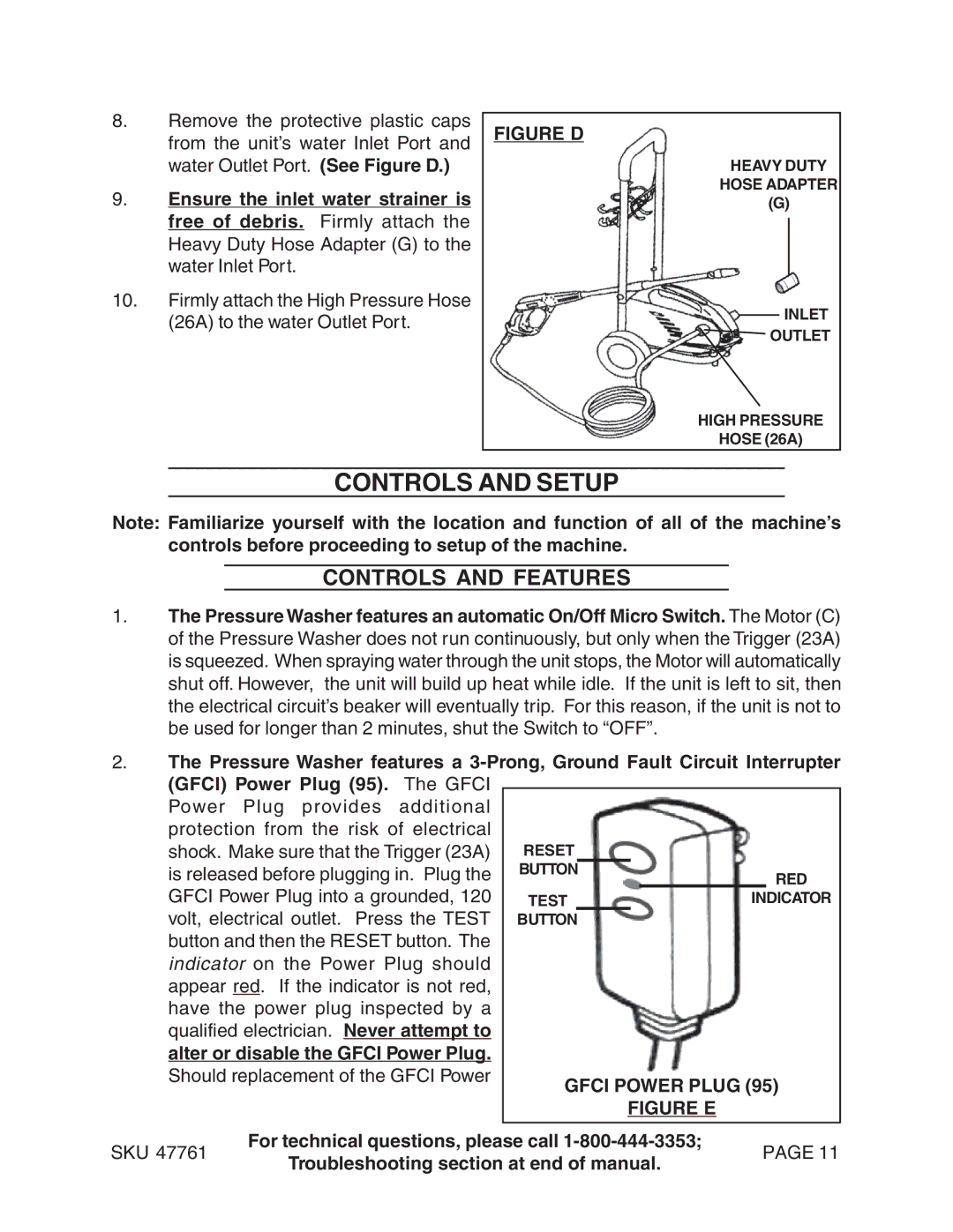 Harbor Freight Tools 47761 manual Controls and Setup, Controls and Features, Alter or disable the Gfci Power Plug 