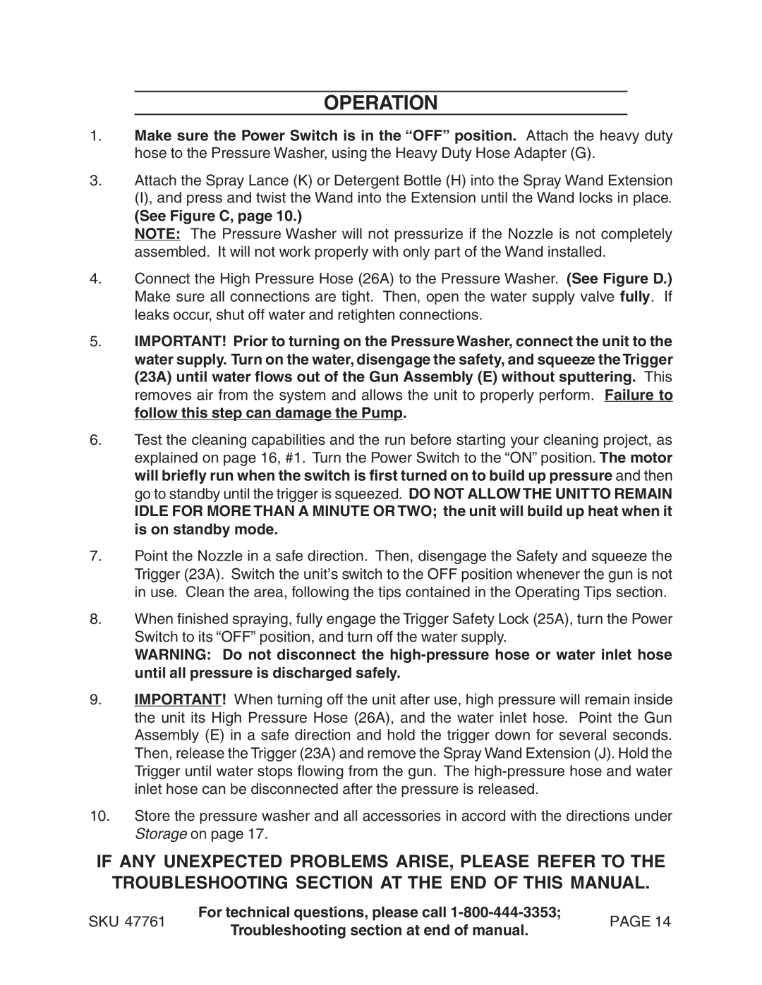 Harbor Freight Tools 47761 manual Operation, See Figure C 