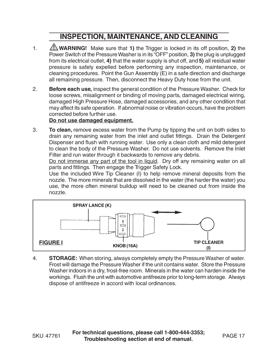 Harbor Freight Tools 47761 manual INSPECTION, MAINTENANCE, and Cleaning, Do not use damaged equipment 