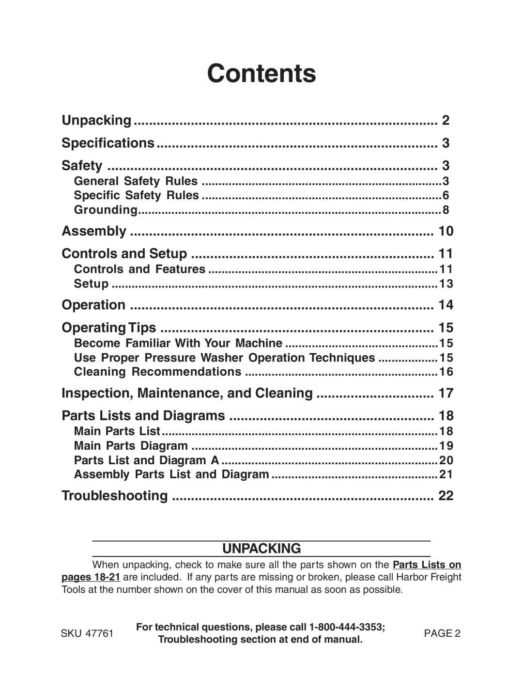 Harbor Freight Tools 47761 manual Contents 