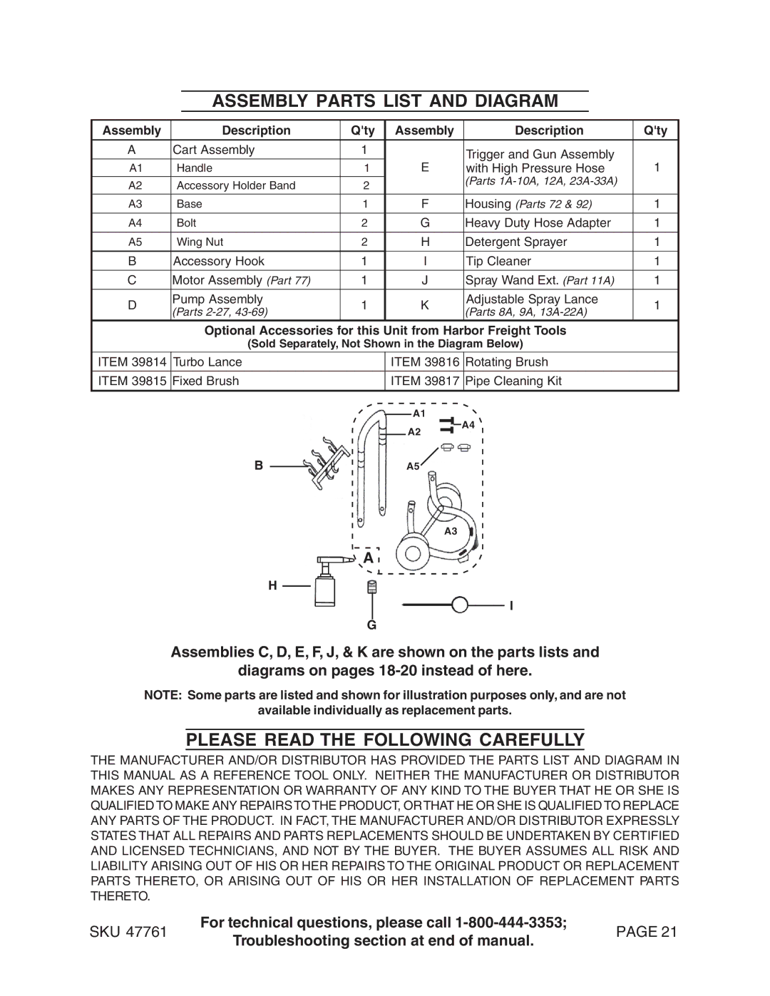 Harbor Freight Tools 47761 manual Assembly Parts List and Diagram, Please Read the Following Carefully 