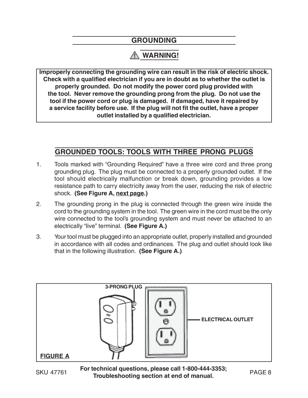 Harbor Freight Tools 47761 manual Grounding, Grounded Tools Tools with Three Prong Plugs 