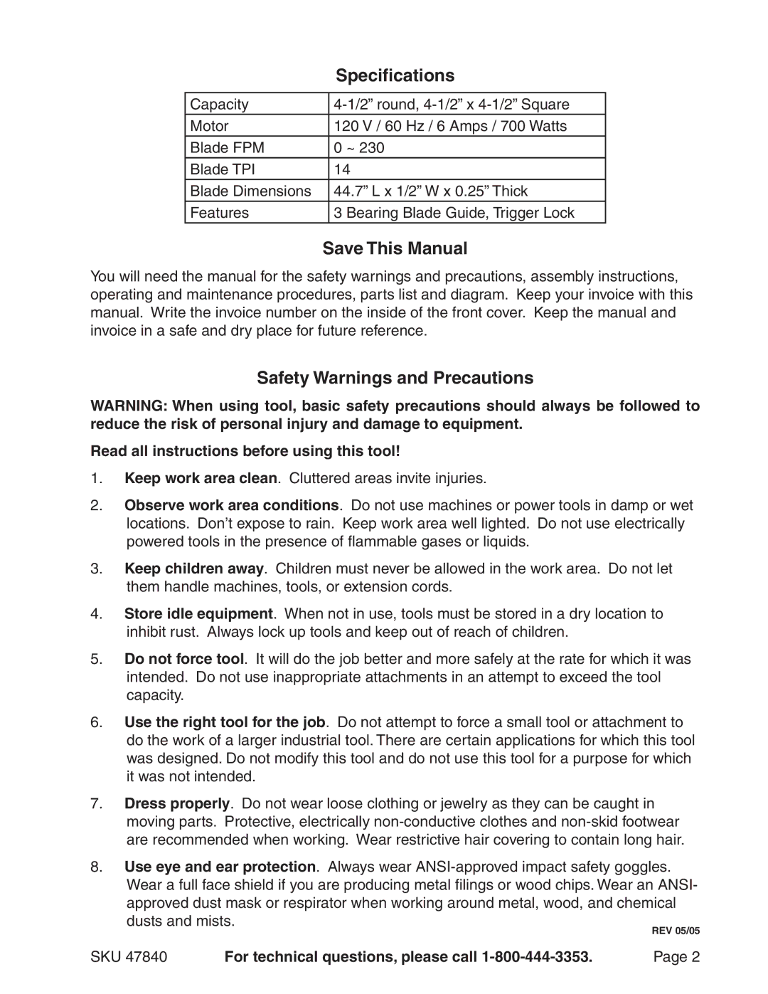 Harbor Freight Tools 47840 operating instructions Specifications, Save This Manual, Safety Warnings and Precautions 