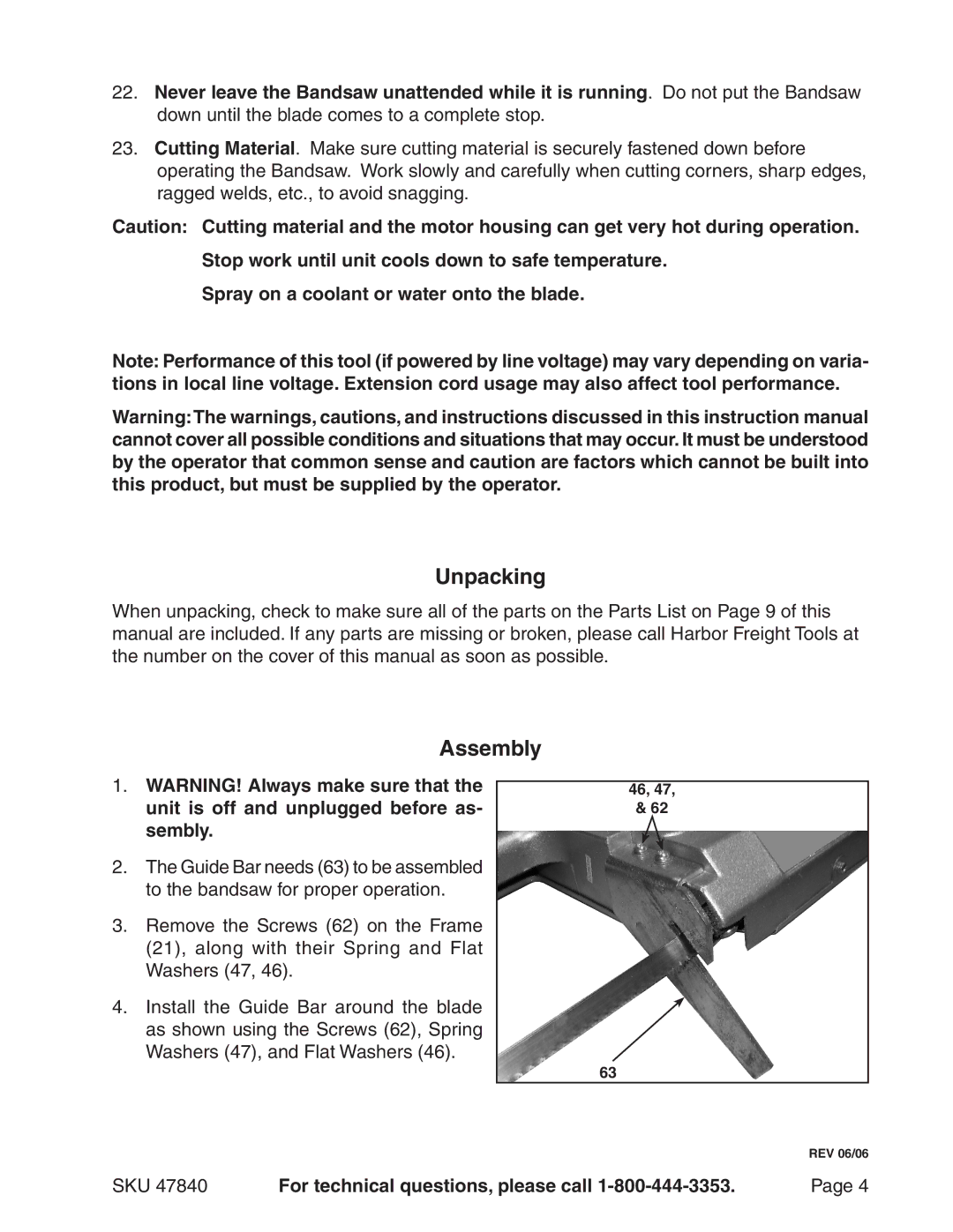 Harbor Freight Tools 47840 operating instructions Unpacking, Assembly, Spray on a coolant or water onto the blade 