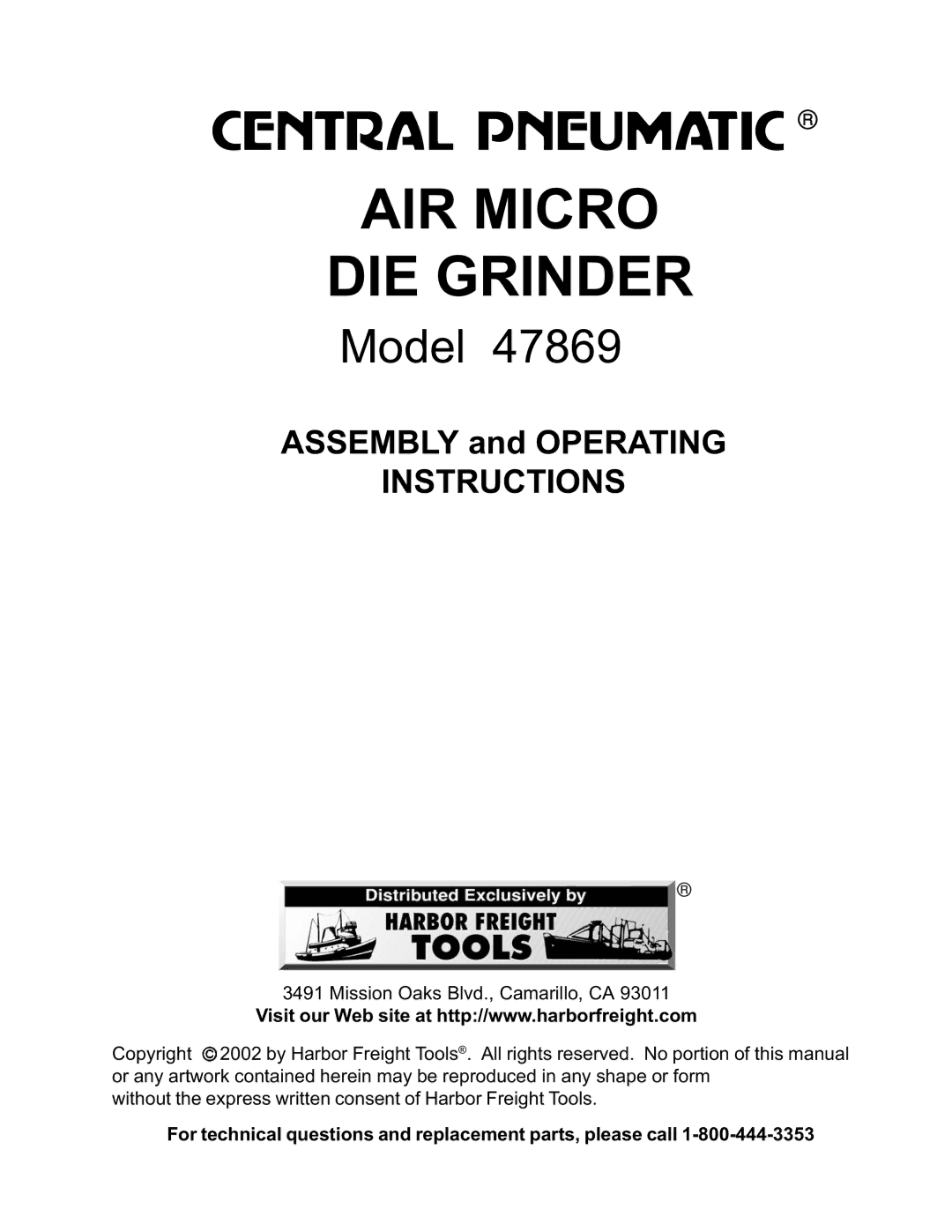 Harbor Freight Tools 47869 operating instructions AIR Micro DIE Grinder 