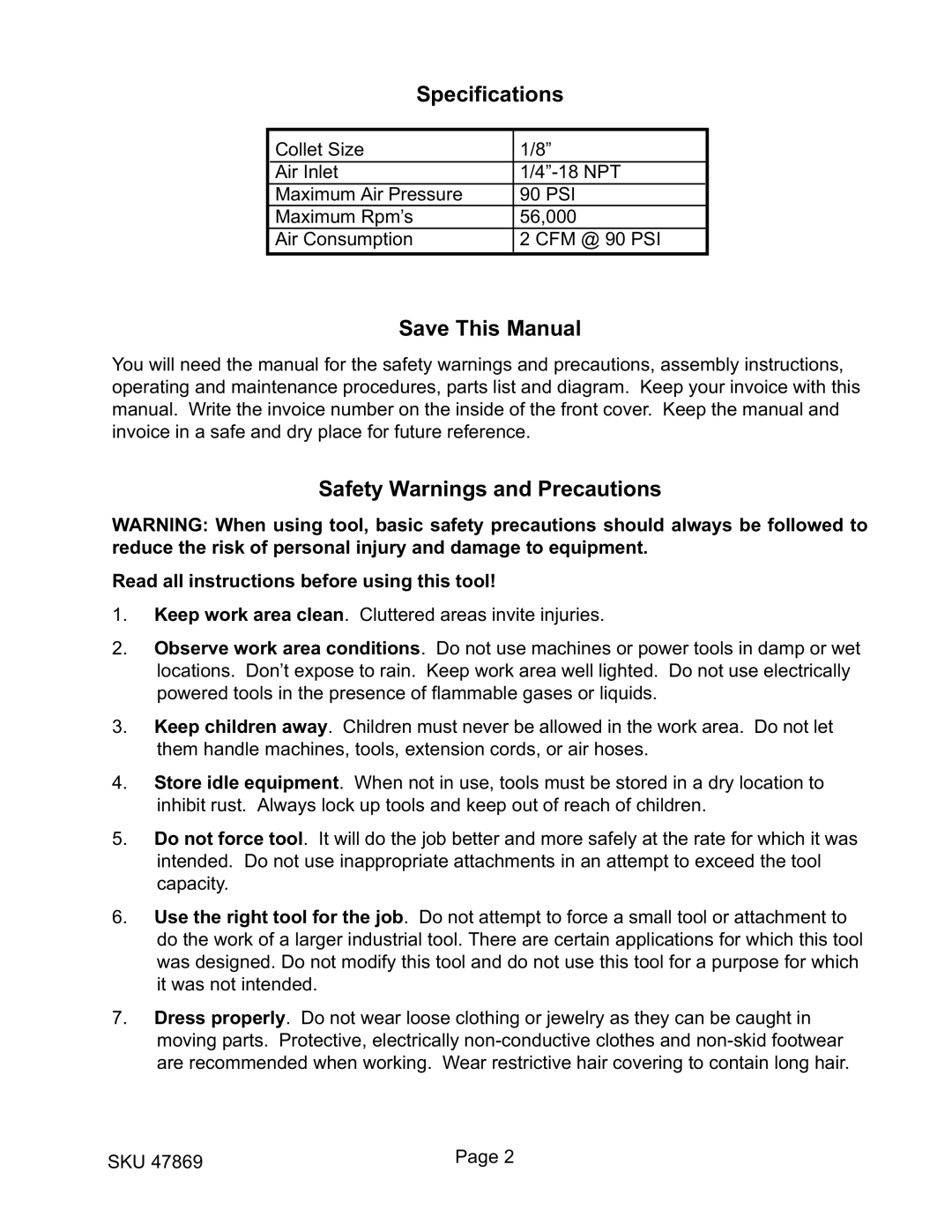 Harbor Freight Tools 47869 operating instructions Specifications, Save This Manual, Safety Warnings and Precautions 