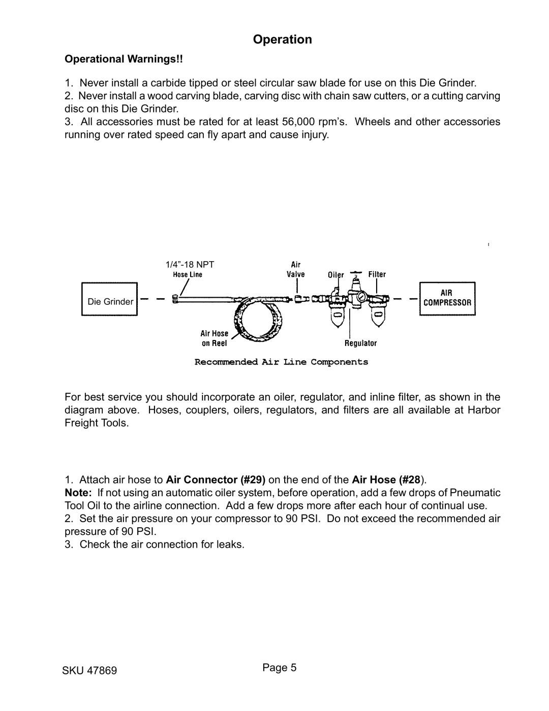 Harbor Freight Tools 47869 operating instructions Operation 