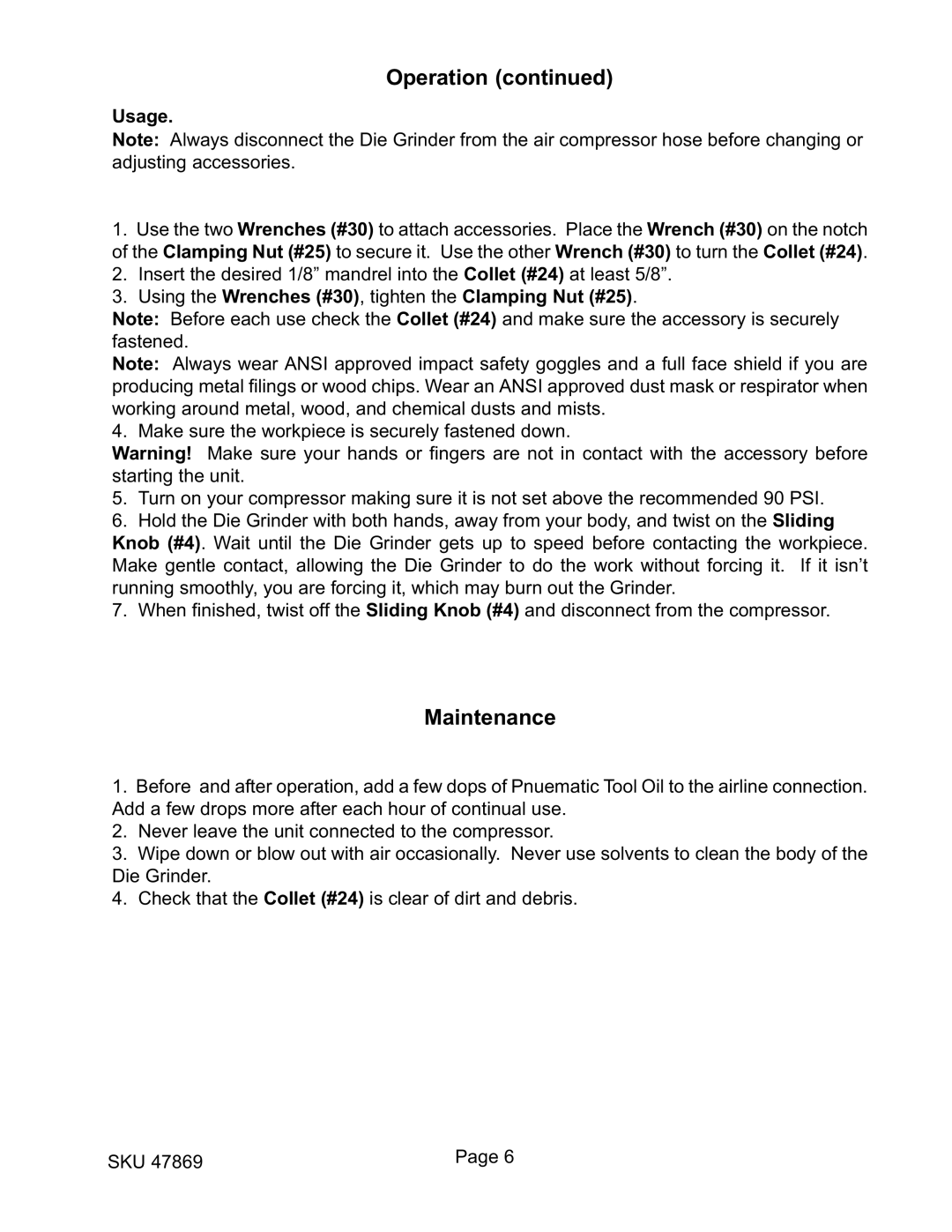 Harbor Freight Tools 47869 operating instructions Maintenance 