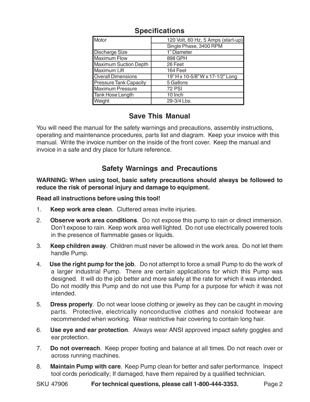 Harbor Freight Tools 47906 manual Specifications, Save This Manual, Safety Warnings and Precautions 