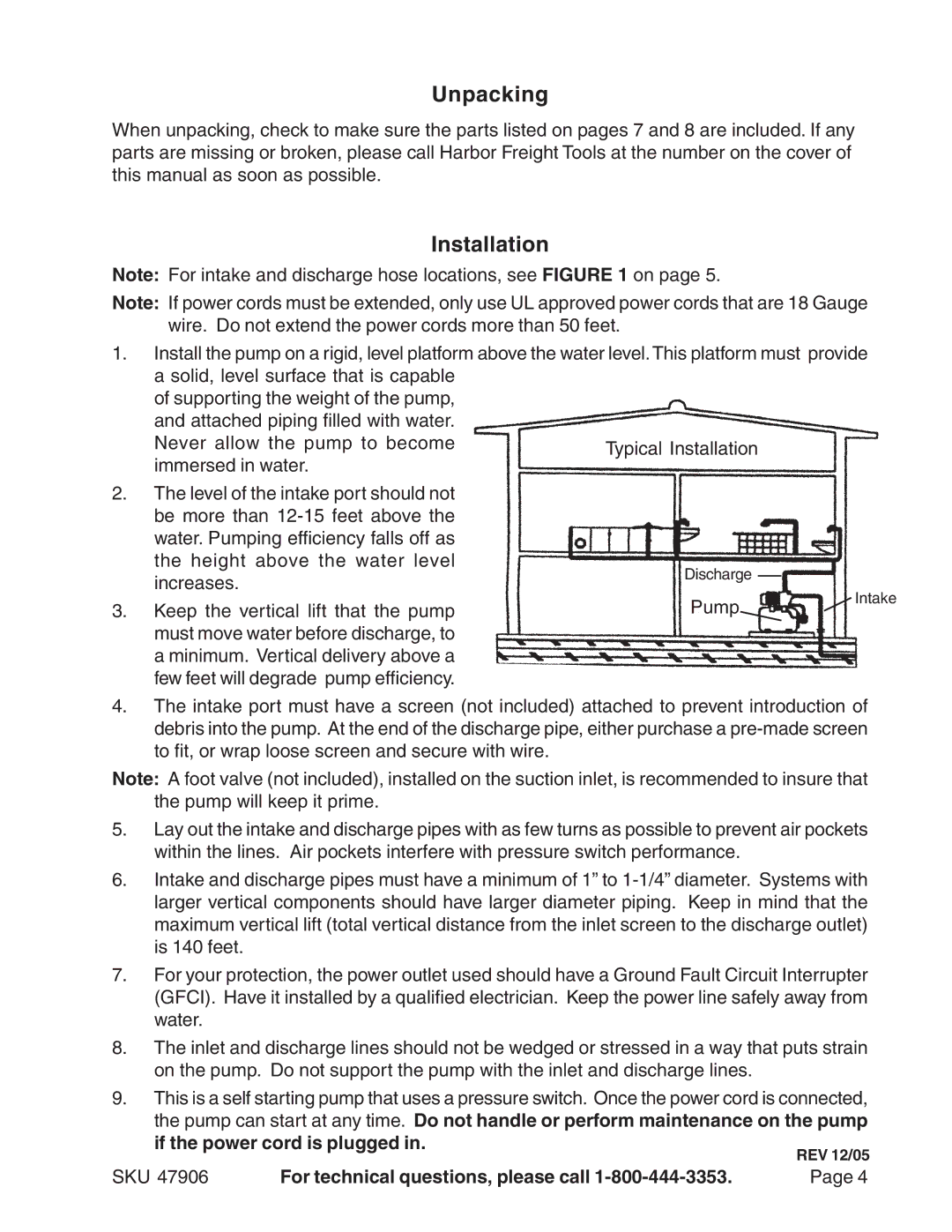 Harbor Freight Tools 47906 manual Unpacking, Installation 