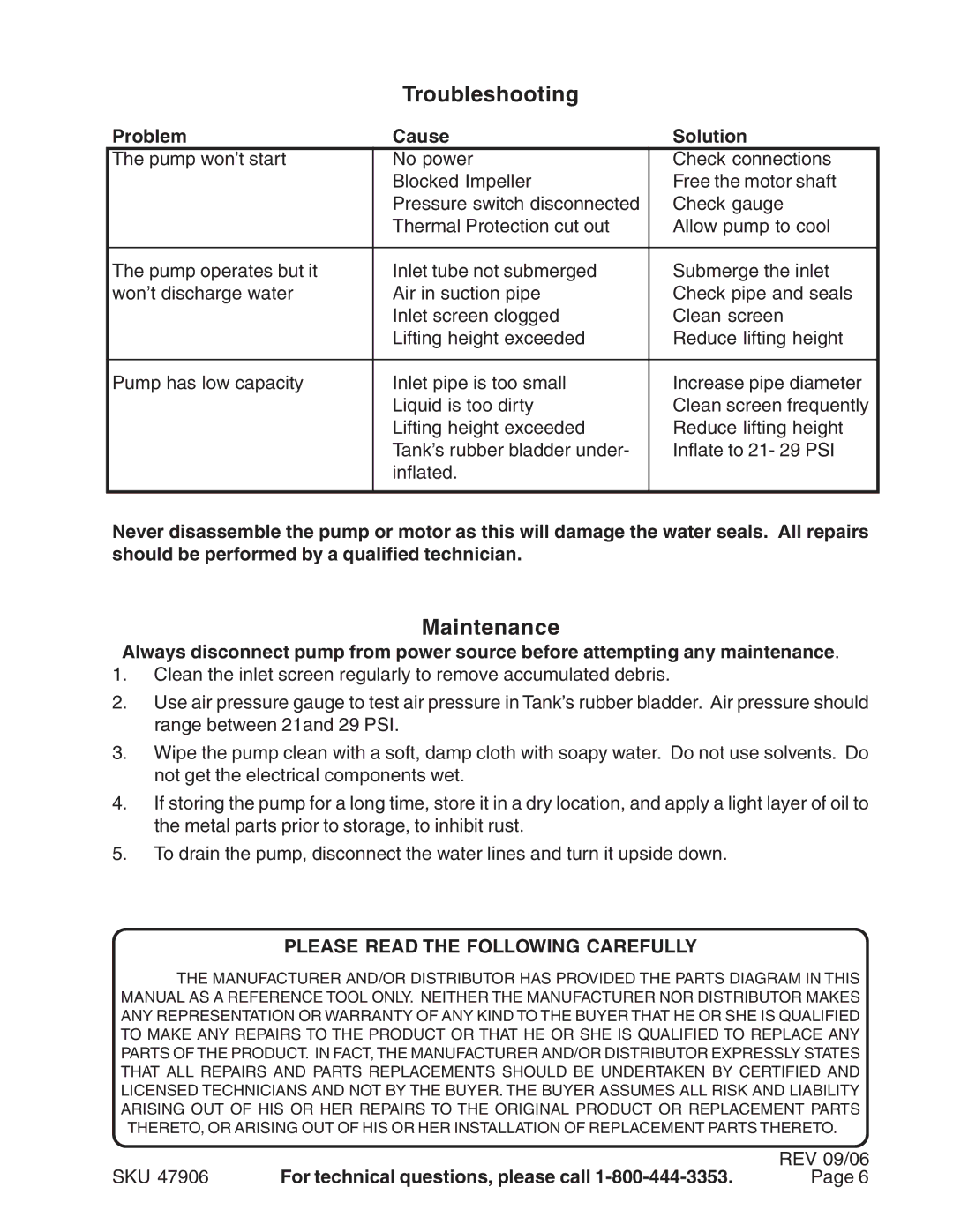 Harbor Freight Tools 47906 manual Troubleshooting, Maintenance, Problem Cause Solution 