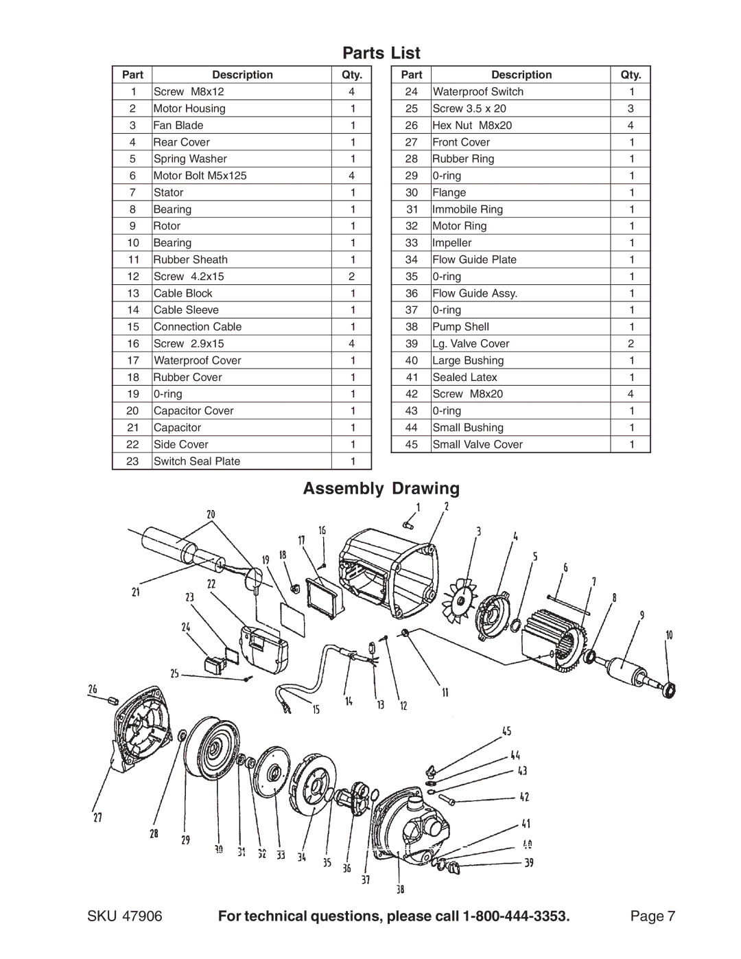 Harbor Freight Tools 47906 manual Parts List, Assembly Drawing 