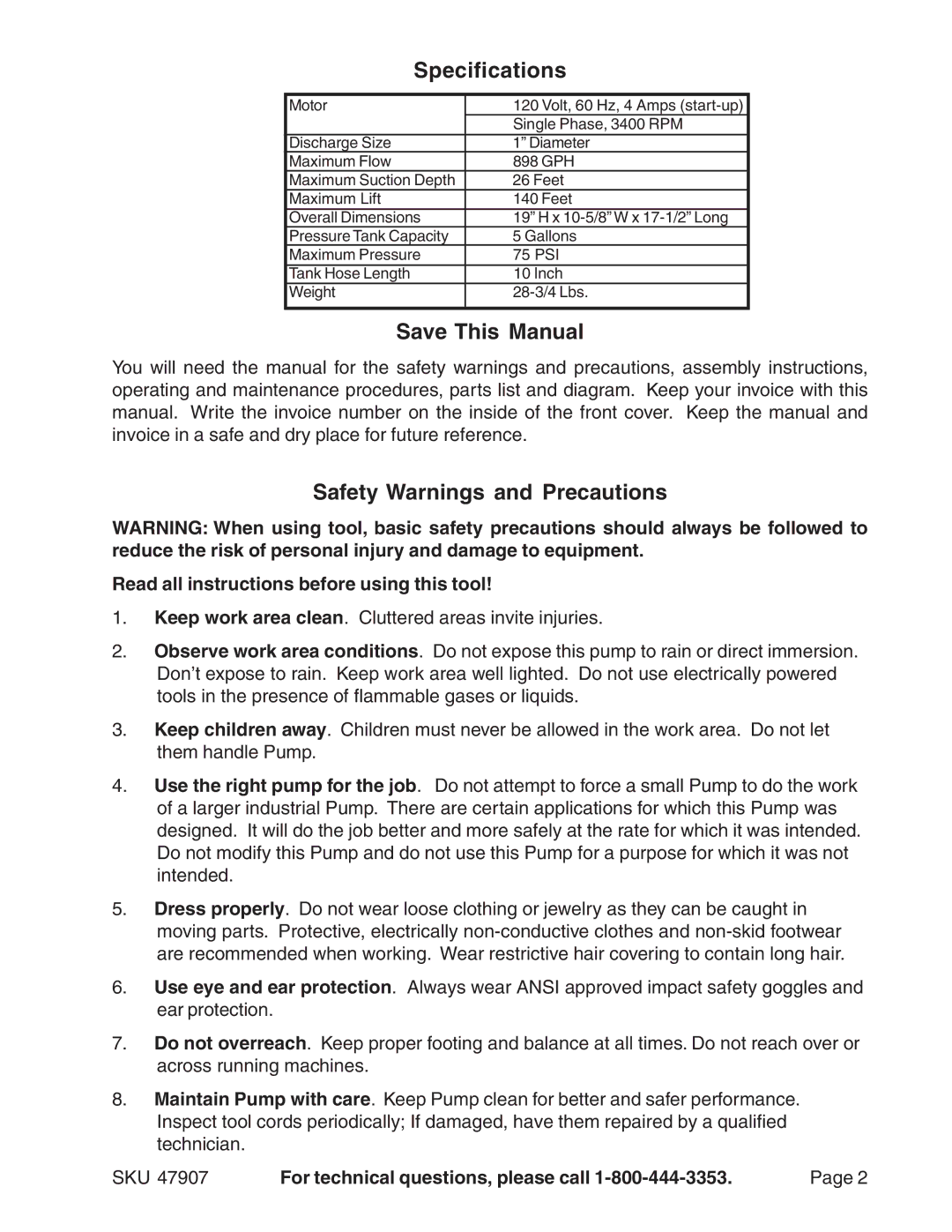 Harbor Freight Tools 47907 operating instructions Specifications, Save This Manual, Safety Warnings and Precautions 