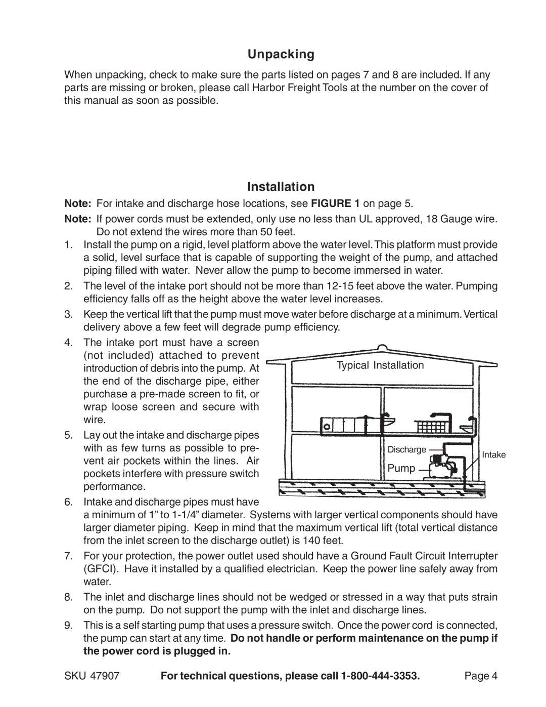 Harbor Freight Tools 47907 operating instructions Unpacking, Installation 