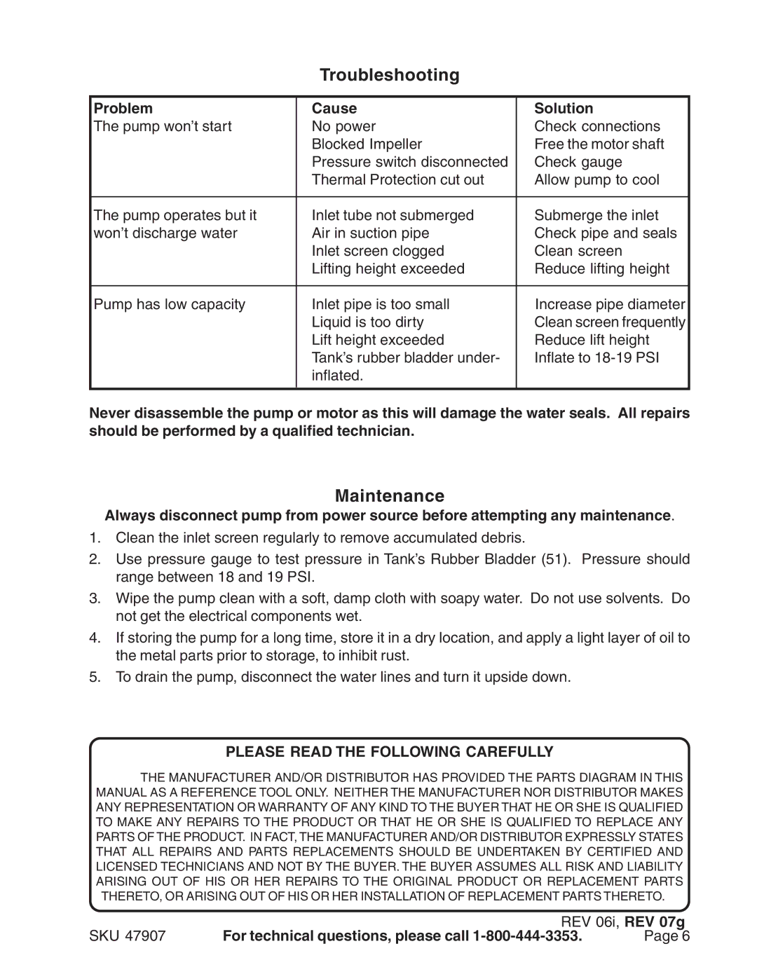 Harbor Freight Tools 47907 operating instructions Troubleshooting, Maintenance, Problem Cause Solution 