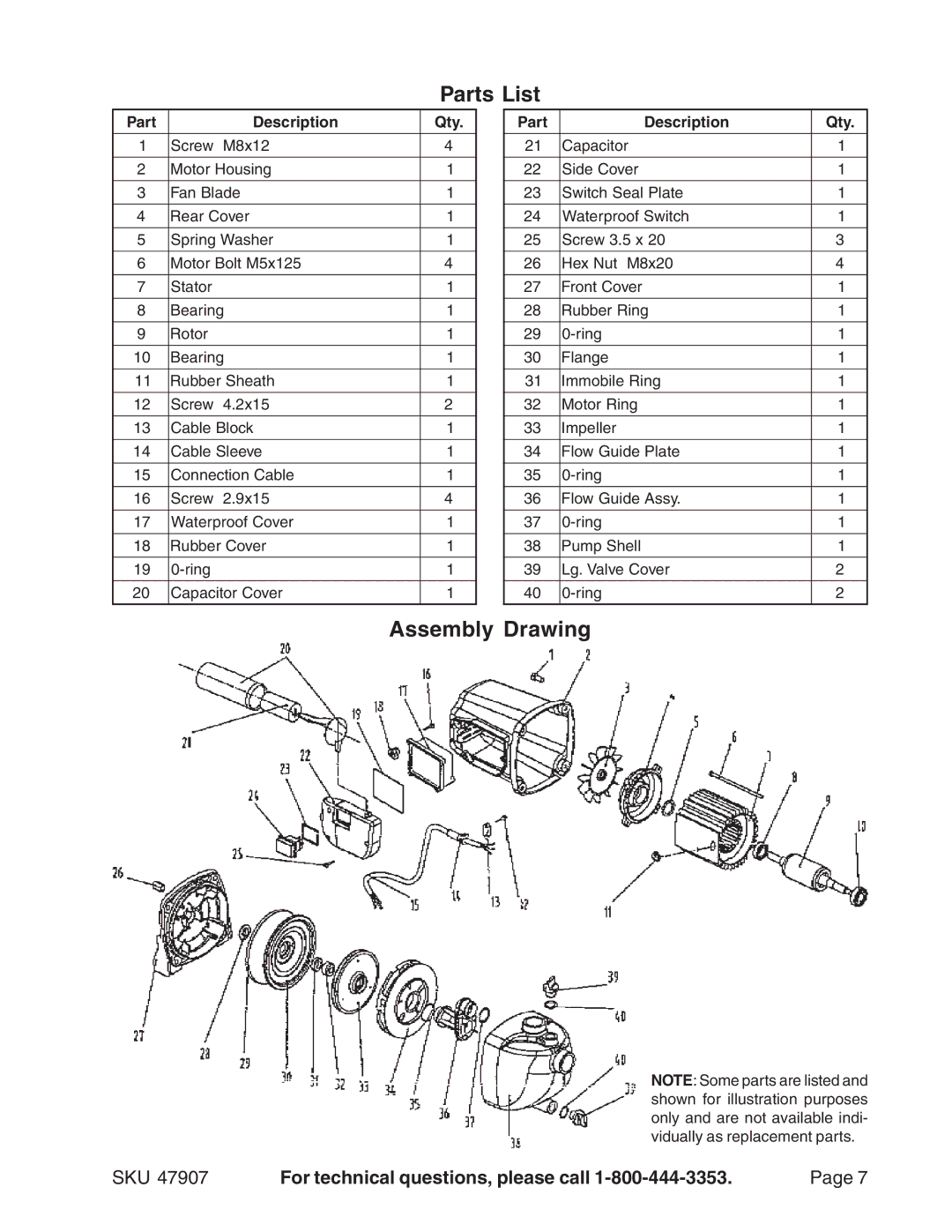 Harbor Freight Tools 47907 operating instructions Parts List, Assembly Drawing 