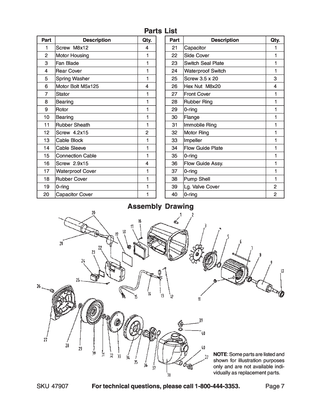 Harbor Freight Tools 47907 Parts List, Assembly Drawing, For technical questions, please call, Page, Description 