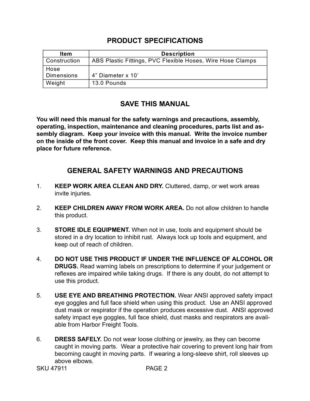 Harbor Freight Tools 47911 Product Specifications Save this Manual, General Safety Warnings and Precautions 