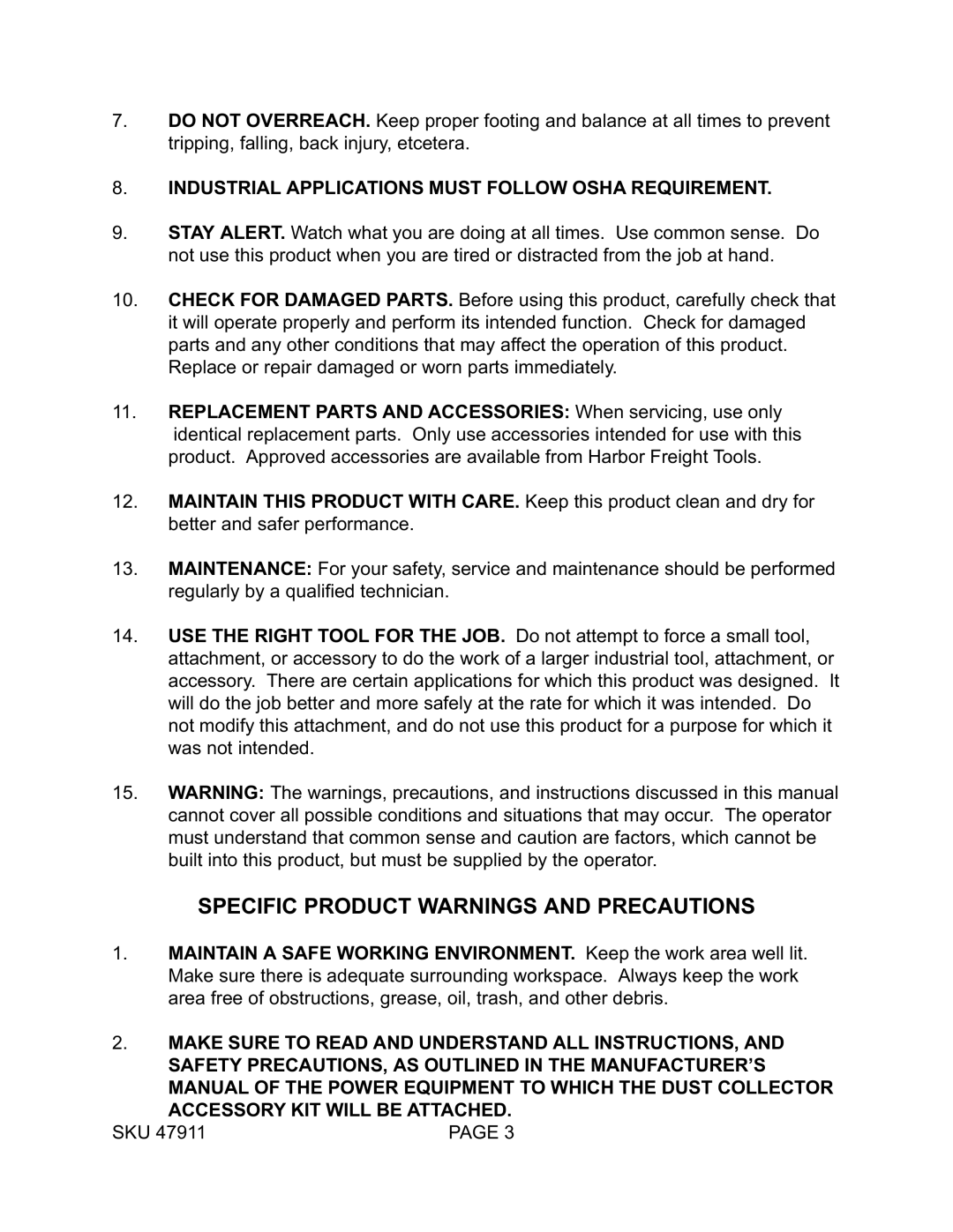 Harbor Freight Tools 47911 Specific Product Warnings and Precautions, Industrial Applications Must Follow Osha Requirement 