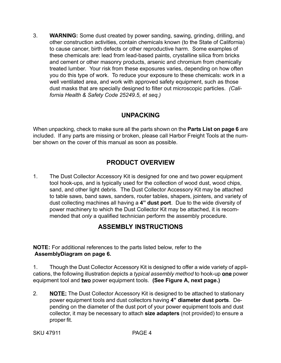 Harbor Freight Tools 47911 operating instructions Unpacking, Product Overview, Assembly Instructions 