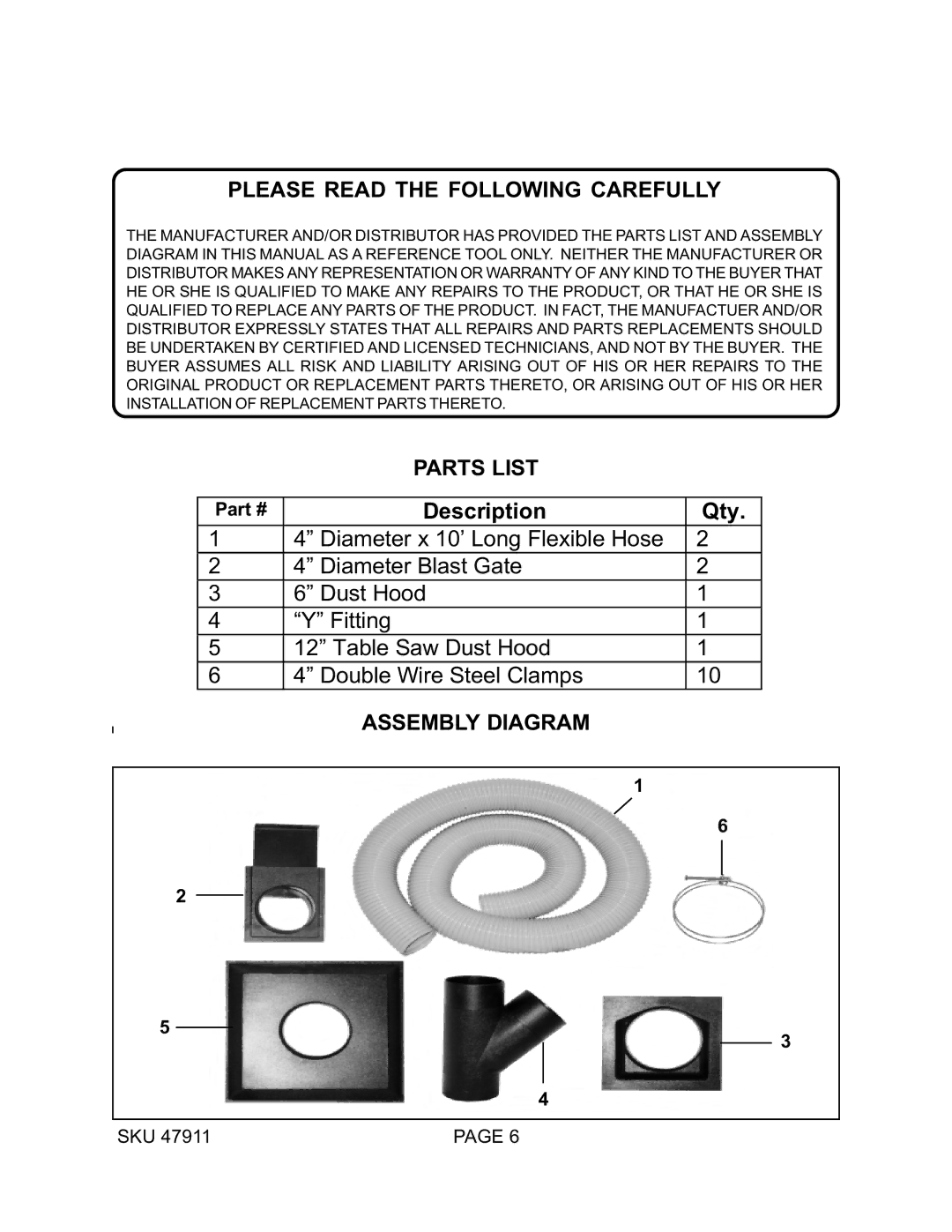 Harbor Freight Tools 47911 operating instructions Please Read the Following Carefully, Parts List Assembly Diagram 