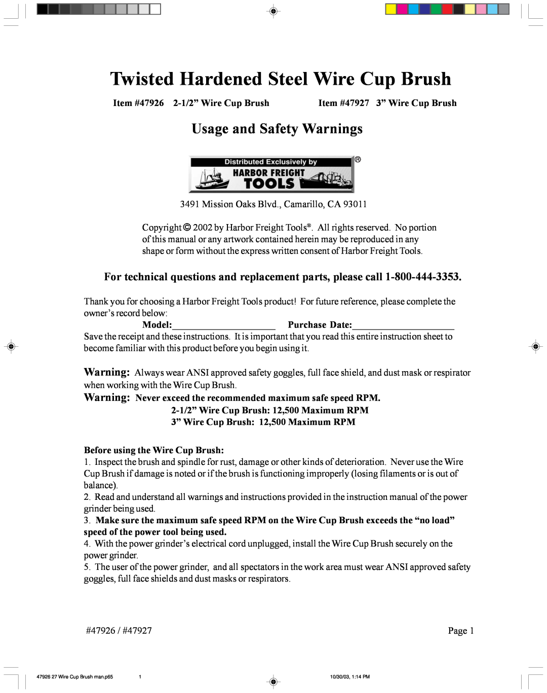 Harbor Freight Tools instruction sheet Item #47926 2-1/2”Wire Cup Brush, Item #47927 3” Wire Cup Brush 
