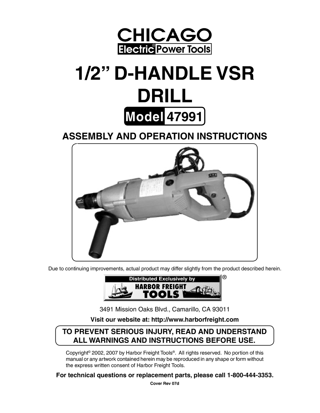 Harbor Freight Tools 47991 manual Handle VSR Drill, For technical questions or replacement parts, please call 