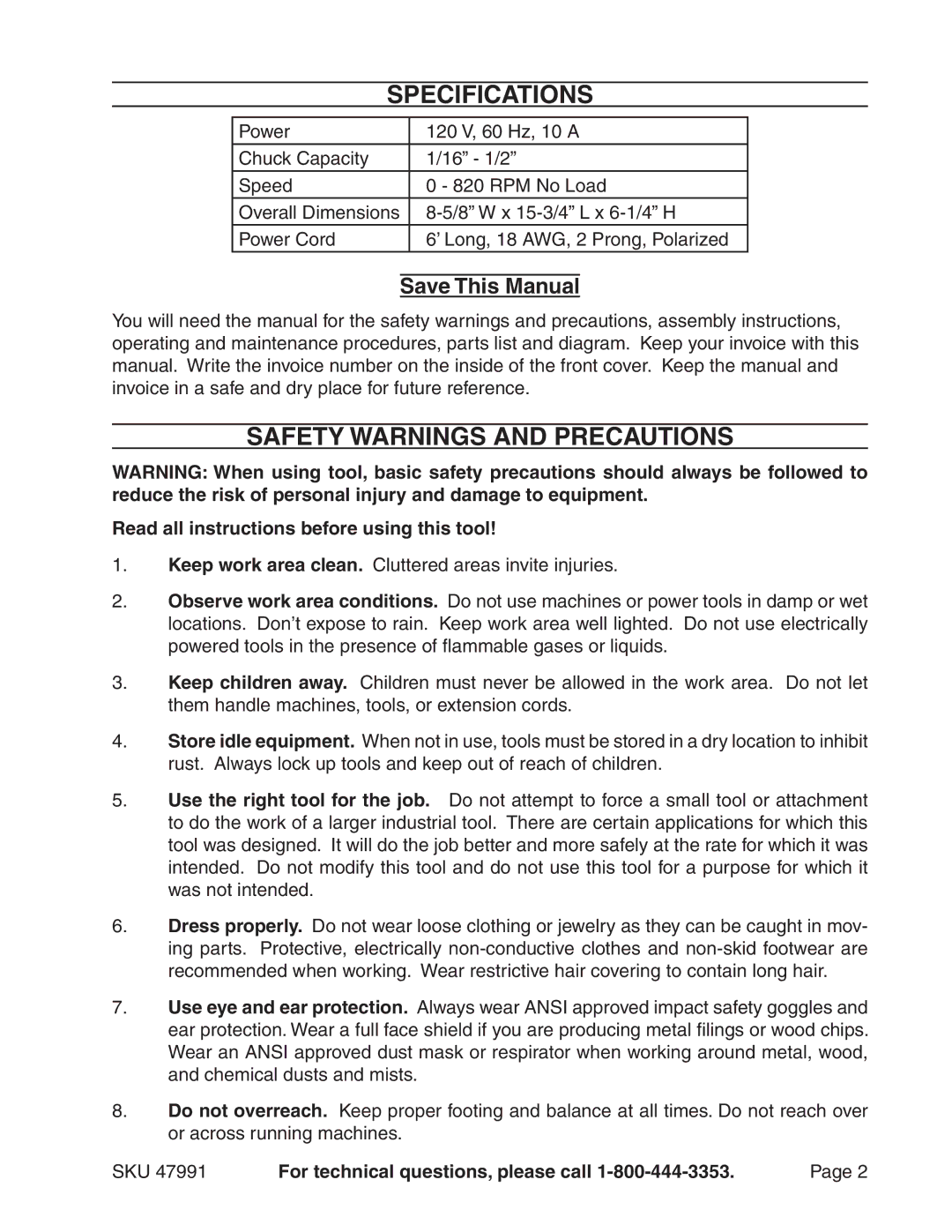 Harbor Freight Tools 47991 manual Specifications, Safety Warnings and Precautions, Save This Manual 