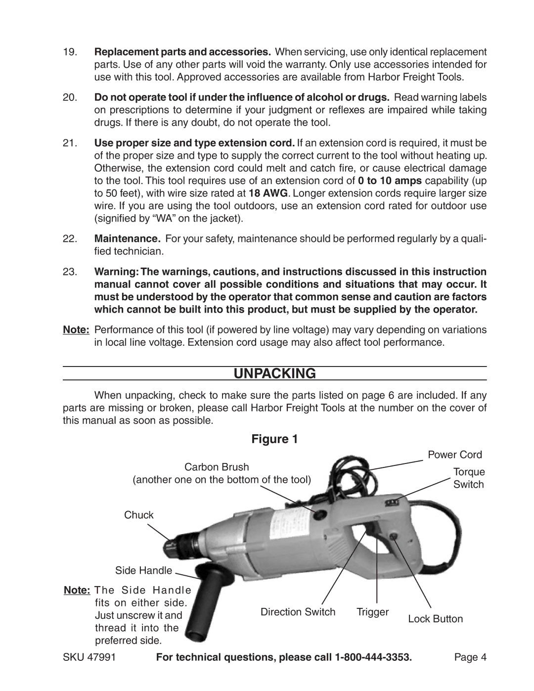 Harbor Freight Tools 47991 manual Unpacking 