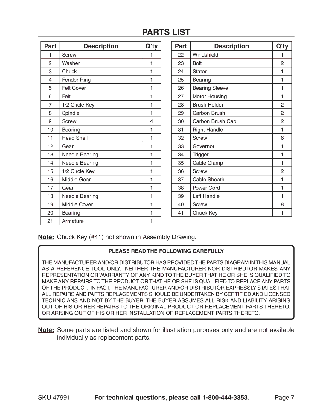 Harbor Freight Tools 47991 manual Parts List, Part Description ’ty 