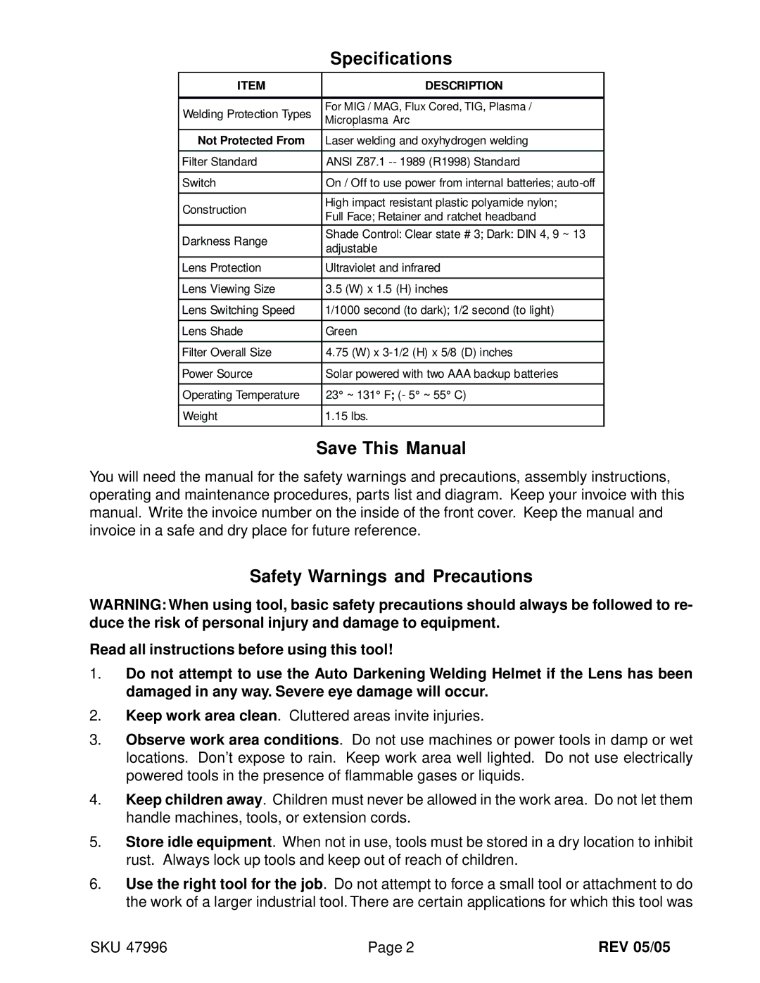 Harbor Freight Tools 47996 Specifications, Save This Manual, Safety Warnings and Precautions, REV 05/05 