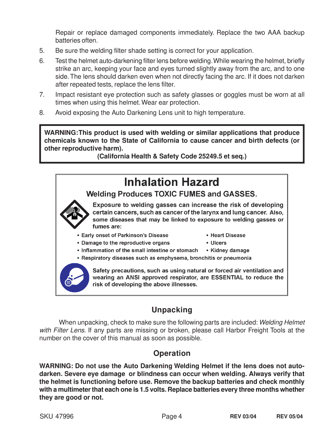 Harbor Freight Tools 47996 Unpacking, Operation, California Health & Safety Code 25249.5 et seq, Sku, REV 03/04 REV 05/04 