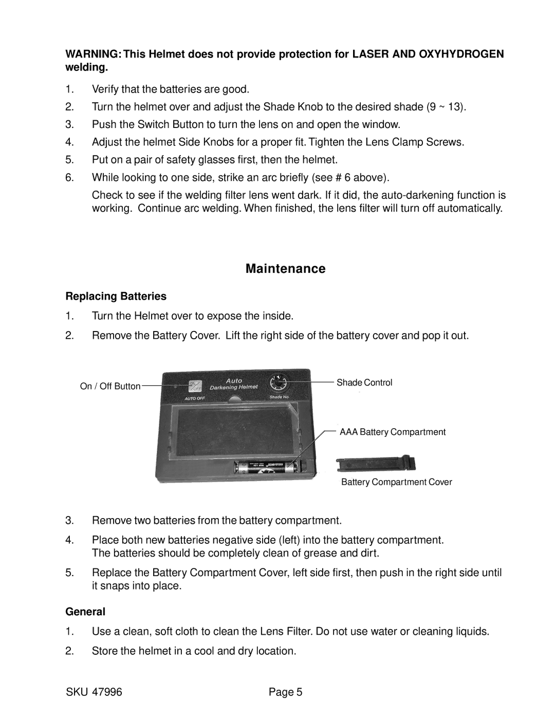 Harbor Freight Tools 47996 operating instructions Maintenance, Replacing Batteries, General 