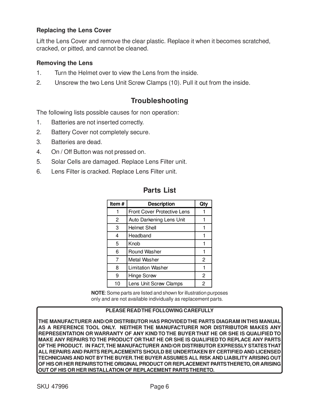 Harbor Freight Tools 47996 operating instructions Troubleshooting, Parts List, Replacing the Lens Cover, Removing the Lens 