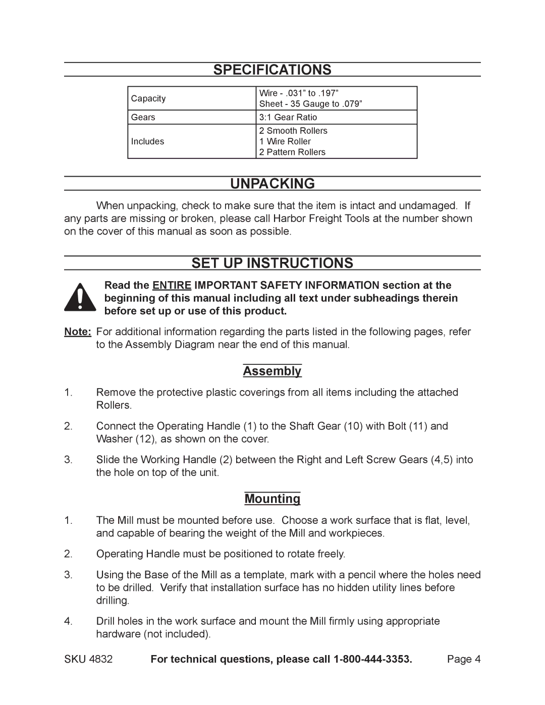 Harbor Freight Tools 4832 manual Specifications, Unpacking, Set Up Instructions, Assembly, Mounting 